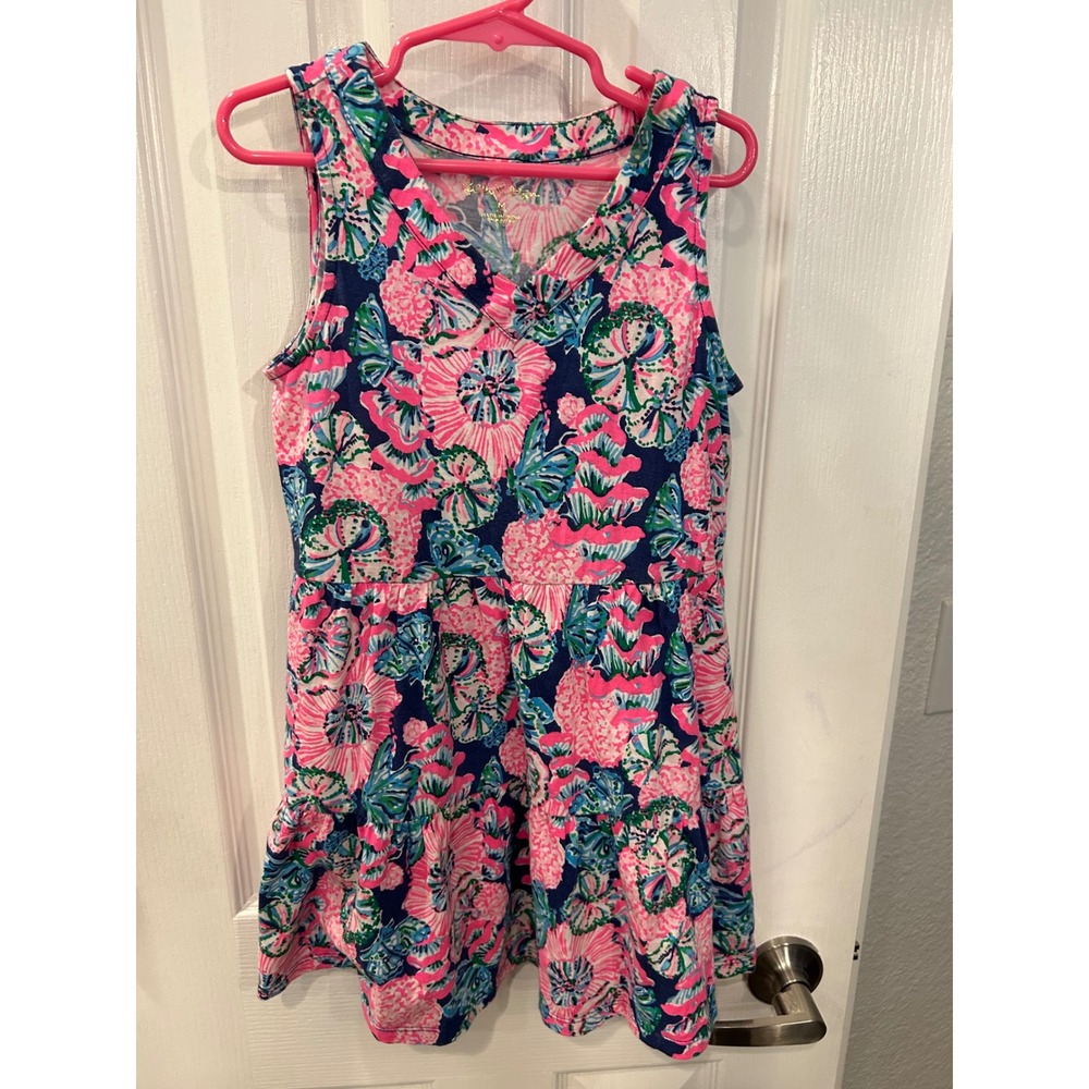Lilly Pulitzer Girls Dress Pink Navy Blue Floral Tiered‎ Sleeveless Cotton Bin B